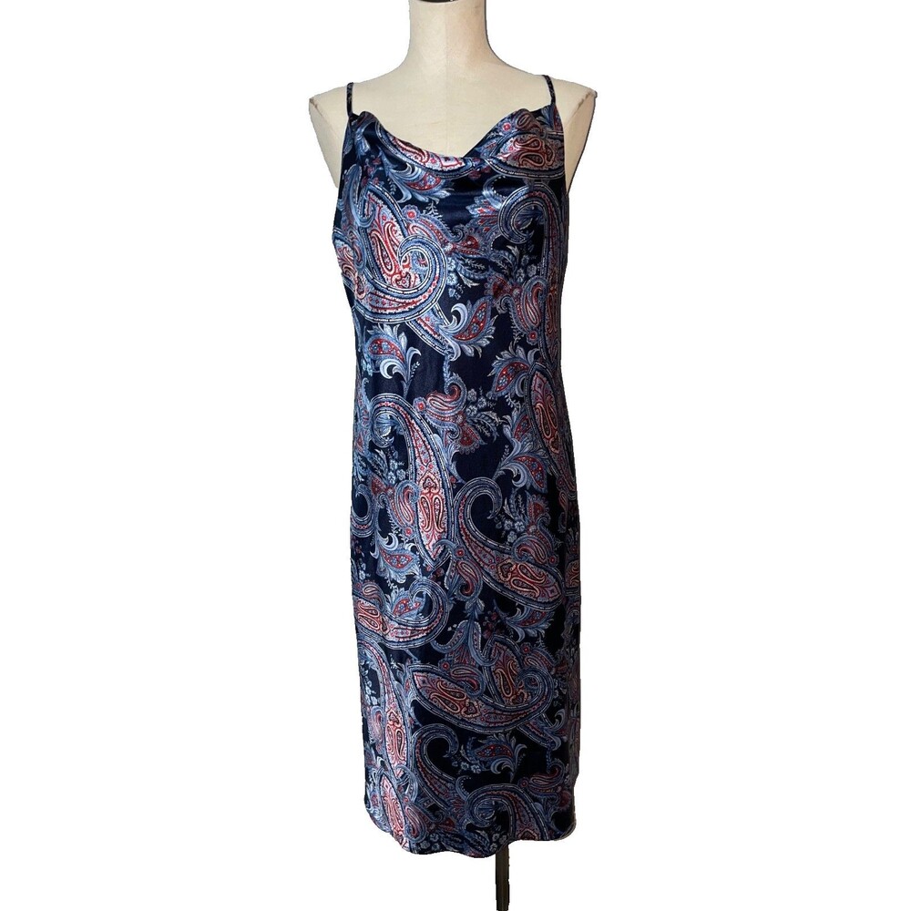 Emma & Michele Women’s Satin Paisley Slip Midi Dress size S Cowl Neck Elegant